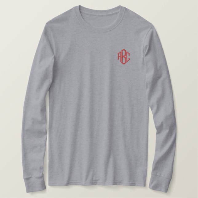 Custom Monogram Grey Embroidered Long Sleeve T-Shirt (Design Front)