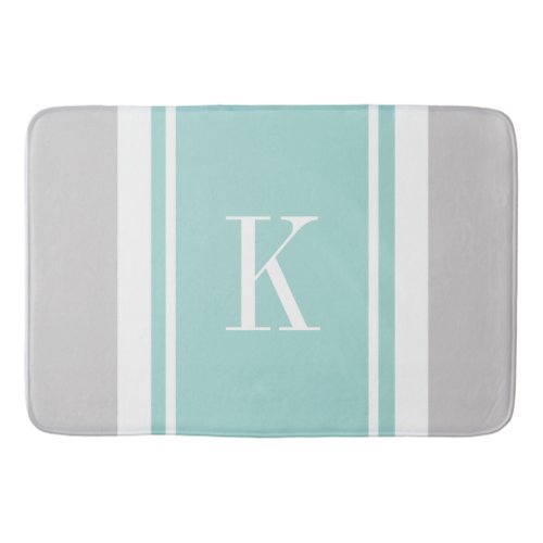 Custom Monogram Grey Mint Green Stripes Pattern Bath Mat