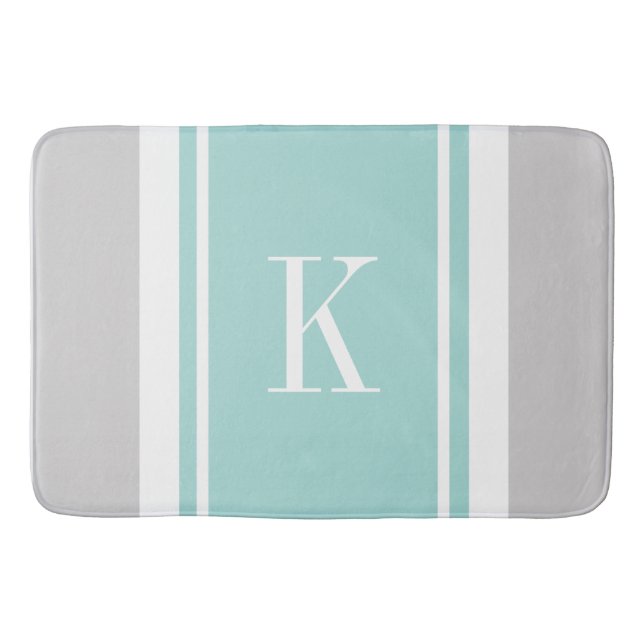 Custom Monogram Grey Mint Green Stripes Pattern Bath Mat (Front)