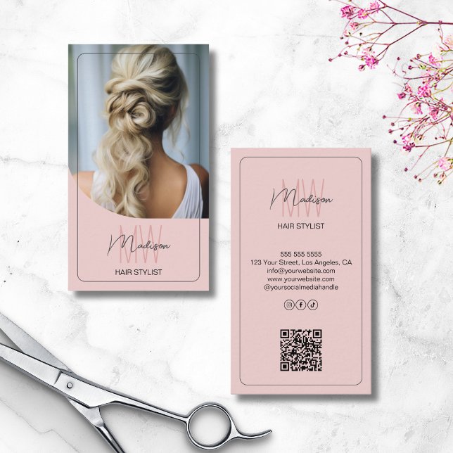 Custom Monogram Hair Stylist QR Pink Business Card (Custom Monogram Hair Stylist QR Pink Business Card)