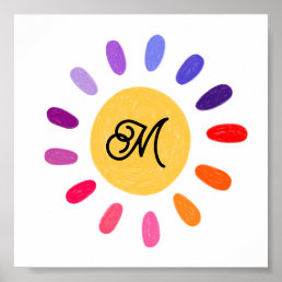 custom monogram hand drawn sun art poster
