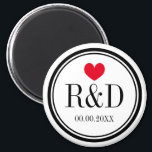 Custom monogram heart wedding party favor magnet<br><div class="desc">Custom monogram heart wedding party favor magnet. Round shape with red heart and personalized monogram name initial letters.  Cute personalized thank you token giveaway for guests. Includes date of marriage. Also great as save the date reminder.</div>