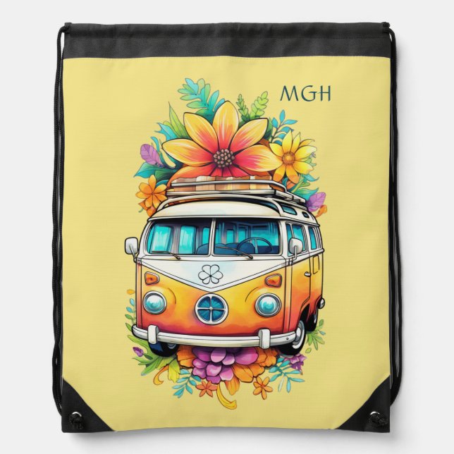 Custom Monogram Hippie Van Drawstring Bag (Front)