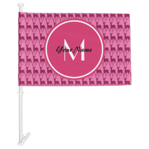 Custom Monogram Hot Pink Deer, Personalized Name 3 Car Flag