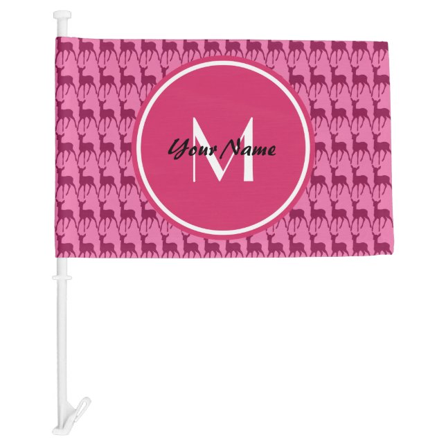 Custom Monogram Hot Pink Deer, Personalized Name|3 Car Flag (Front)