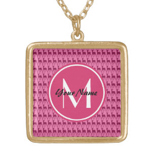 Custom Monogram Hot Pink Deer, Personalized Name Gold Plated Necklace