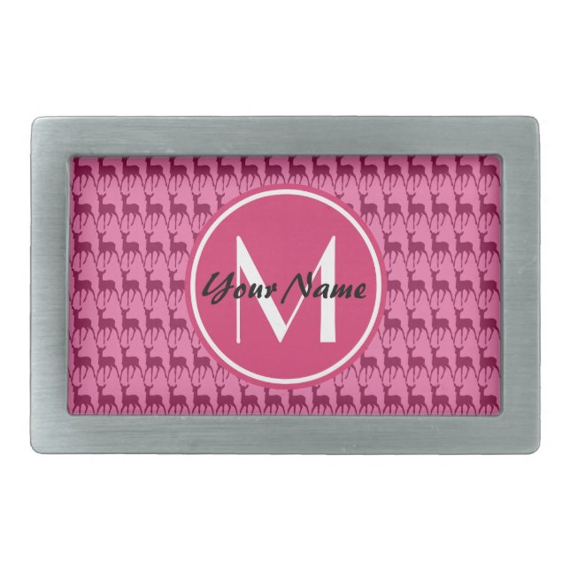Custom Monogram Hot Pink Deer, Personalized Name Rectangular Belt Buckle (Front)