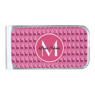 Custom Monogram Hot Pink Deer, Personalized Name Silver Finish Money Clip