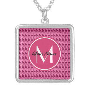 Custom Monogram Hot Pink Deer, Personalized Name Silver Plated Necklace