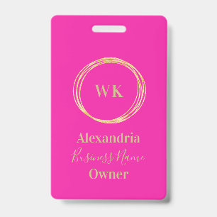 Custom Monogram Hot Pink Gold Employee Name Badge