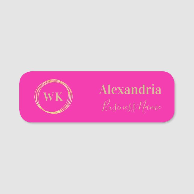 Custom Monogram Hot Pink Gold Employee Name Tag (Front)