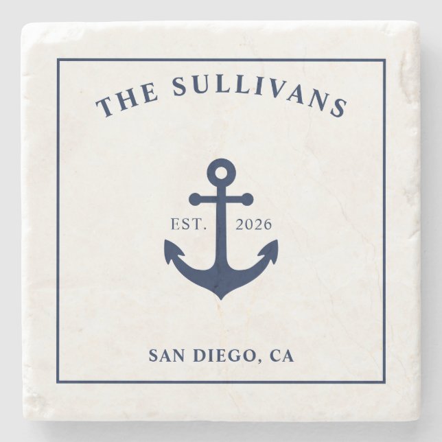 Custom Monogram Housewarming Nautical Anchor Stone Coaster (Front)