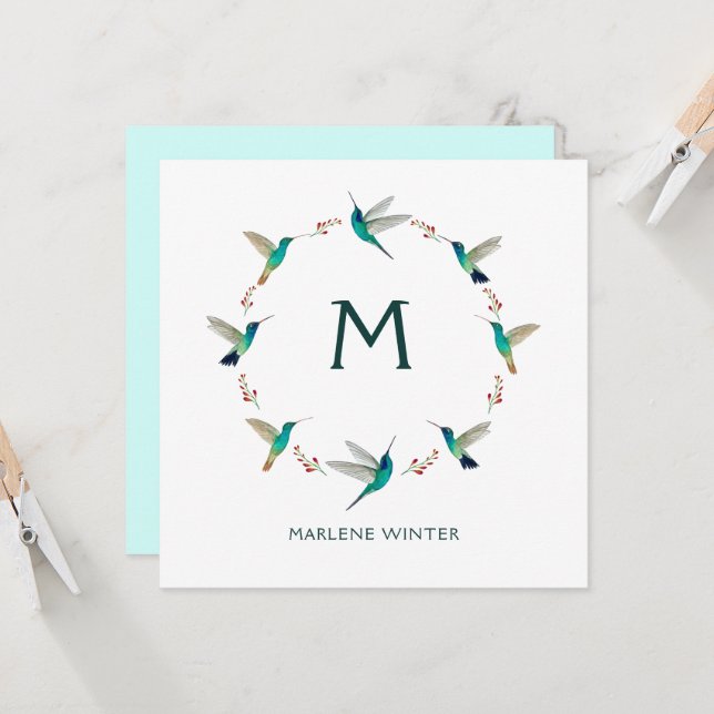 Custom Monogram Hummingbird Note Card (Front/Back In Situ)