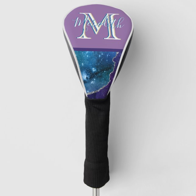 Custom Monogram I Purple Teal Agate Silver  Golf Head Cover (Front)