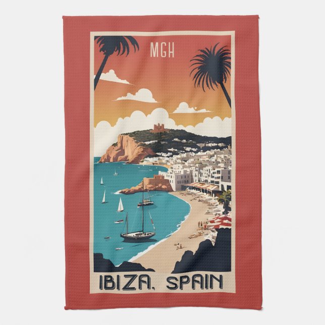 Custom Monogram Ibiza, Spain Travel Poster Kitchen Towel (Vertical)
