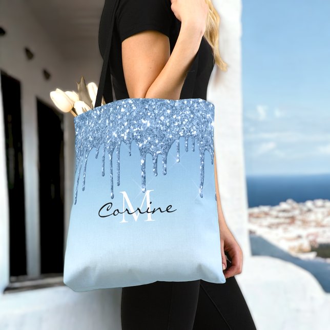 Custom Monogram Ice Blue Glitter Drips Metallic Tote Bag (Creator Uploaded)