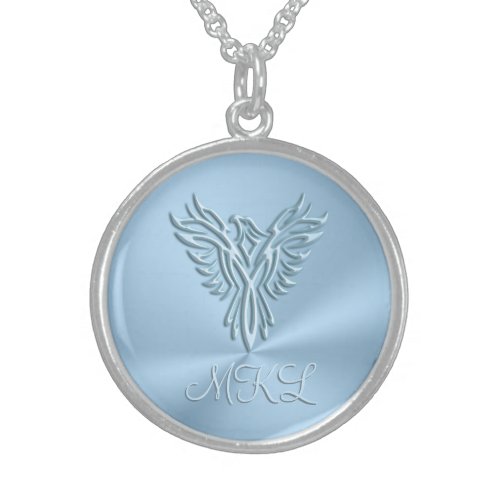 Custom monogram _ Ice_blue Phoenix Rising Sterling Silver Necklace