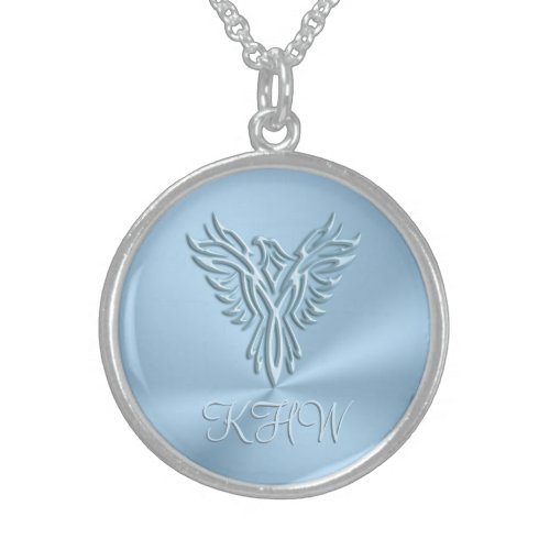 Custom monogram - Ice-blue Phoenix Rising Sterling Silver Necklace