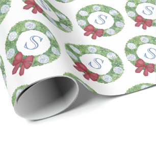 Custom Monogram Initial Christmas Greenery Wreath Wrapping Paper