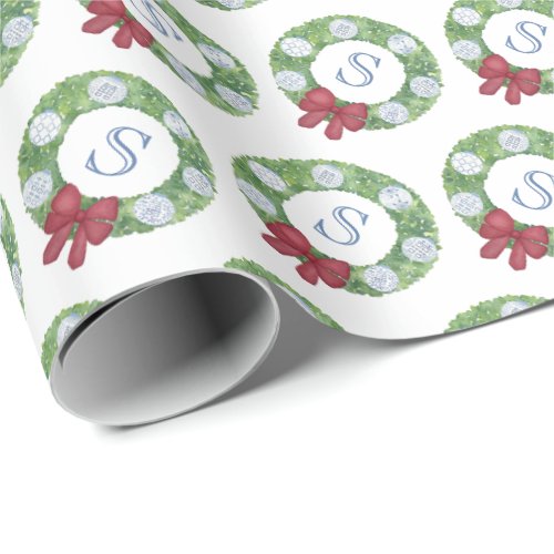 Custom Monogram Initial Christmas Greenery Wreath Wrapping Paper - Handpainted green boxwood wreath with blue and white chinoiserie inspired baubles and floppy red bow with space for a single letter monogram in the center.