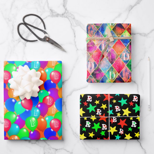 Custom monogram initial colorful modern elegant wrapping paper sheets (Front)