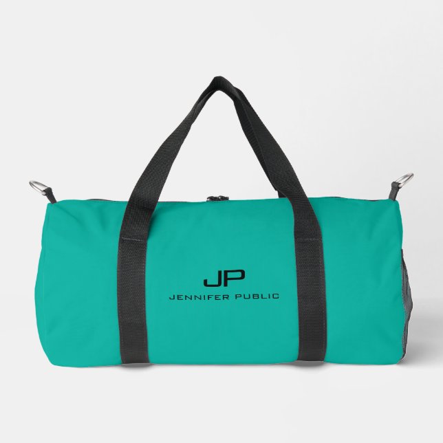 Custom Monogram Initial Letter Teal Outdoor Gym Duffle Bag (Front)