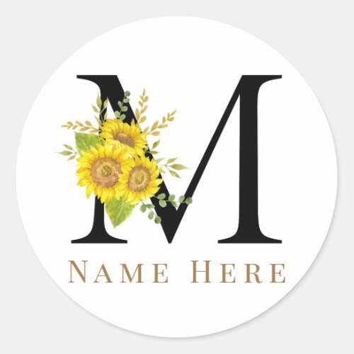 Custom Monogram Initial M Floral Letter Classic Round Sticker