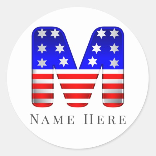 Custom Monogram Initial M USA American Flag Classic Round Sticker
