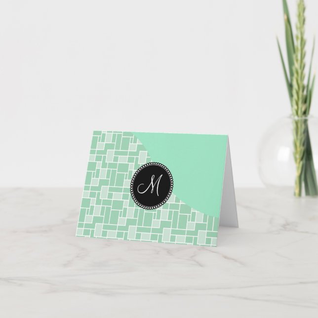 Custom Monogram Initial Mint Green Tile Pattern Note Card (Front)