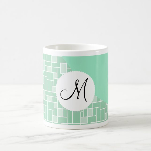 Custom Monogram Initial Mint Green Wave Tile Print Coffee Mug (Center)