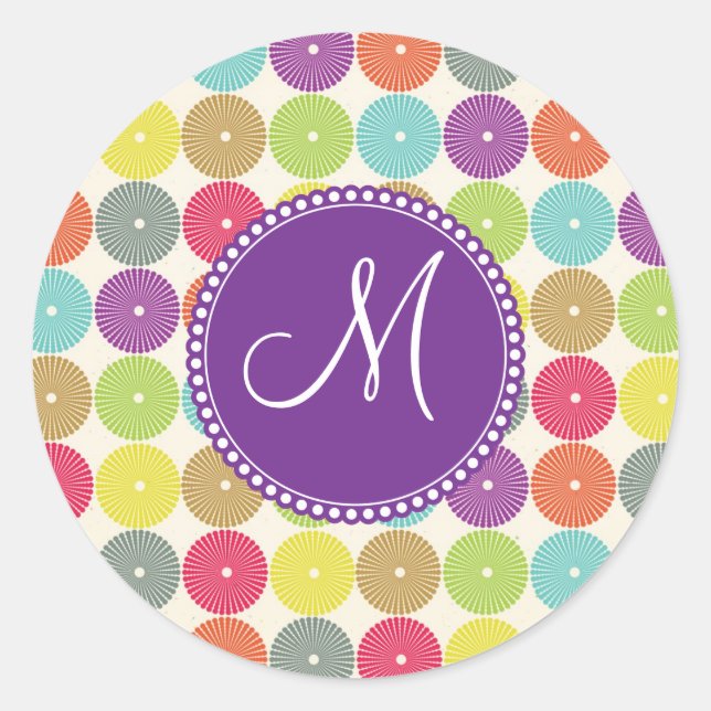 Custom Monogram Initial Multi Colored Circles Classic Round Sticker (Front)
