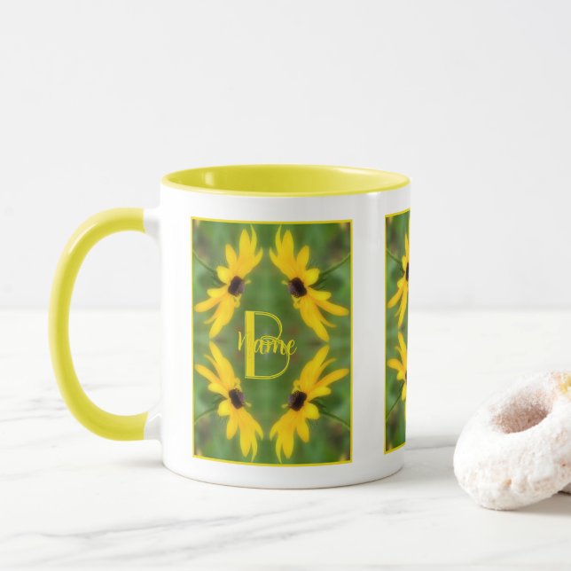 Custom Monogram Initial Name Black Eyed Susan Art Mug (With Donut)