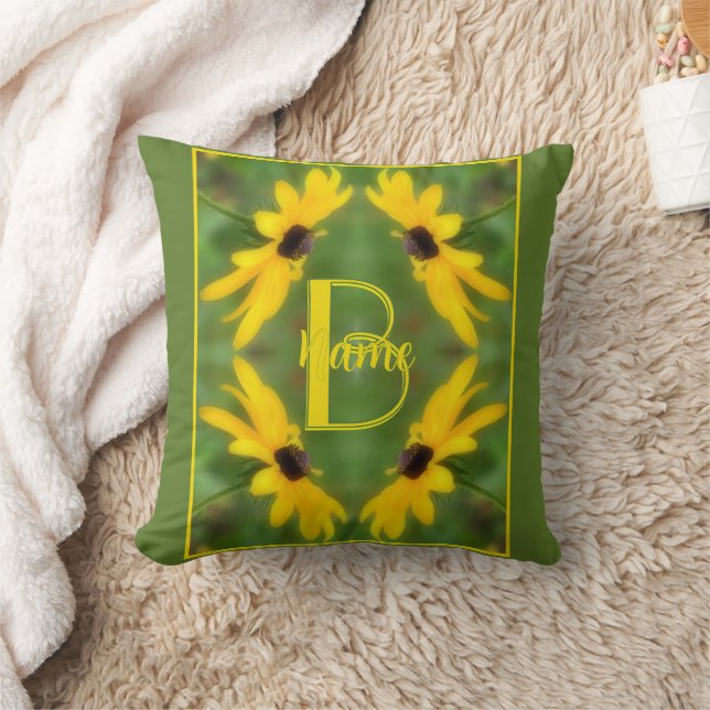 Custom Monogram Initial Name Black Eyed Susan Art Throw Pillow (Blanket)