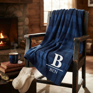 Custom Monogram Initial & Name Blue Buffalo Plaid  Fleece Blanket