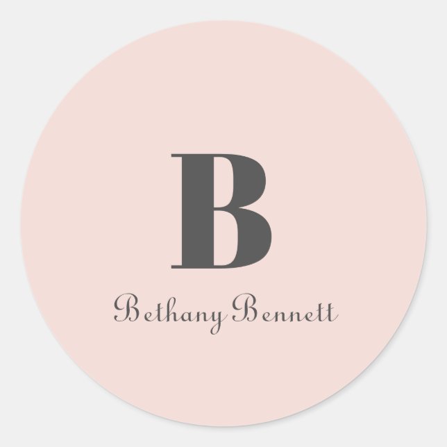 Custom Monogram Initial Name Blush Gray Classic Round Sticker (Front)