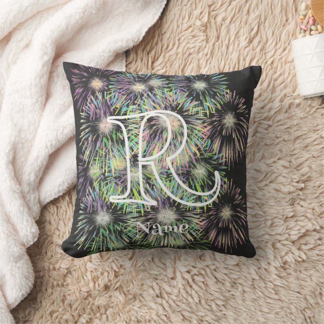 Custom Monogram Initial Name Colorful Fireworks   Throw Pillow (Blanket)