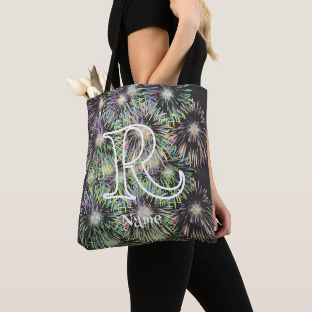 Custom Monogram Initial Name Colorful Fireworks   Tote Bag (Close Up)