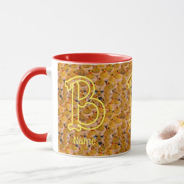 Custom Monogram Initial Name Cute Rubber Ducks Mug (With Donut)