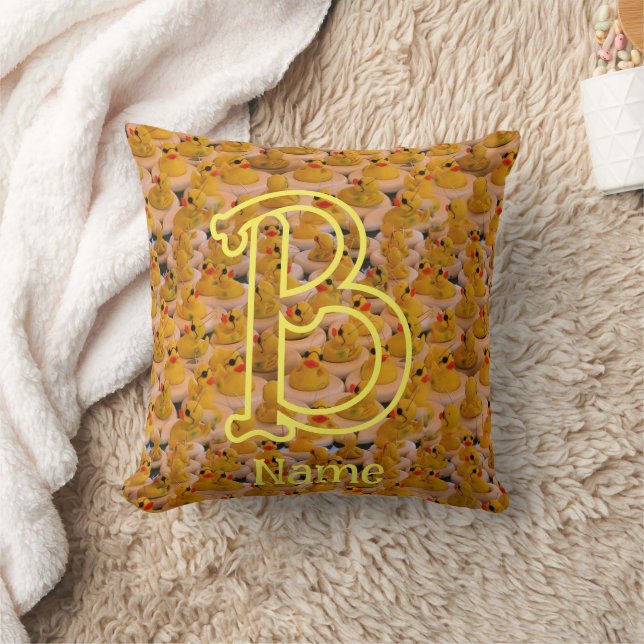 Custom Monogram Initial Name Cute Rubber Ducks Throw Pillow (Blanket)