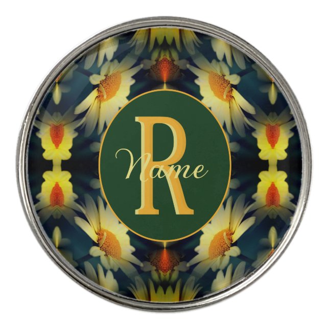 Custom Monogram Initial Name Daisy Floral Art Golf Ball Marker (Front)