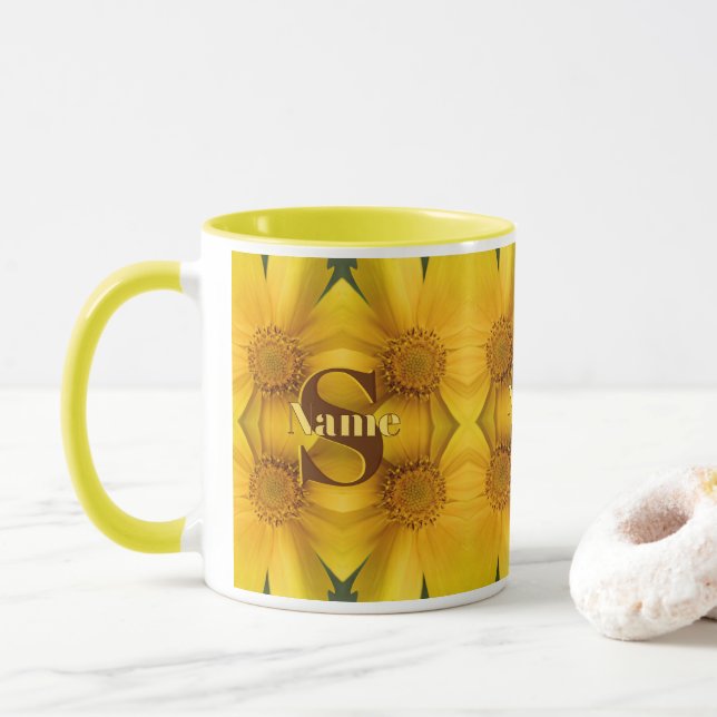 Custom Monogram Initial Name Daisy Petals Art Mug (With Donut)