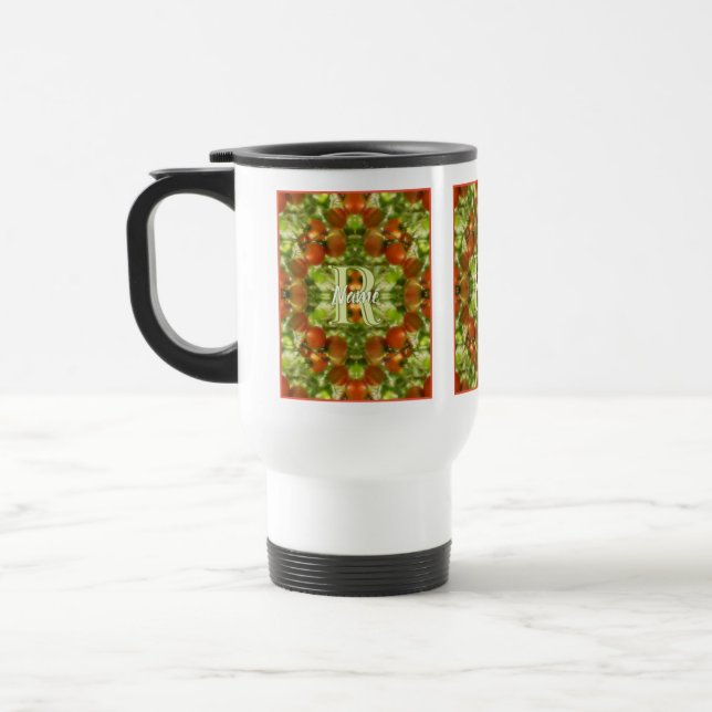 Custom Monogram Initial Name Garden Tomatoes Travel Mug (Left)