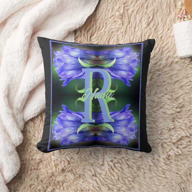 Custom Monogram Initial Name Gentian Floral Art Throw Pillow (Blanket)