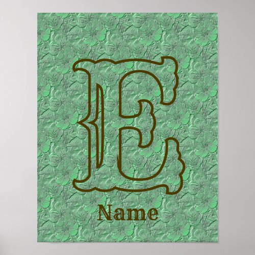 Custom Monogram Initial Name Green Floral Poster