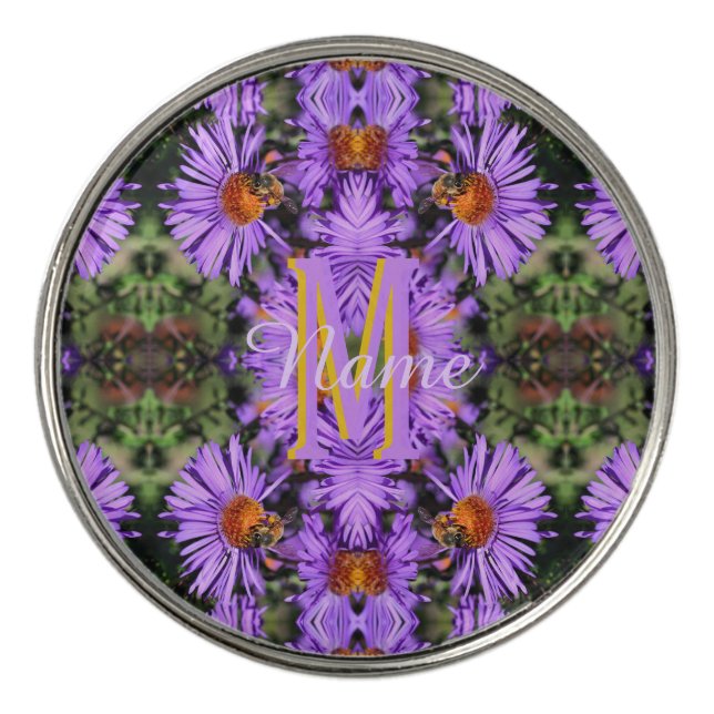 Custom Monogram Initial Name Honeybee Aster Art Golf Ball Marker (Front)