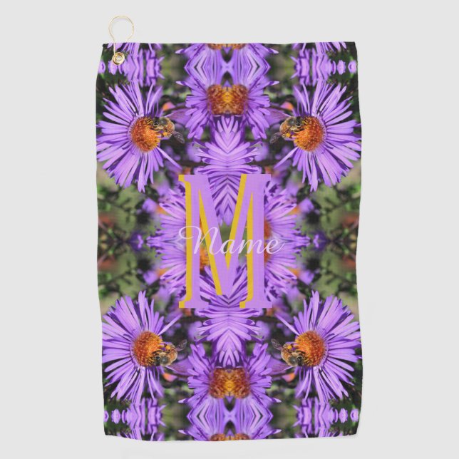 Custom Monogram Initial Name Honeybee Aster Art Golf Towel (Front)