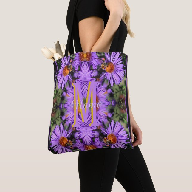 Custom Monogram Initial Name Honeybee Aster Art Tote Bag (Close Up)