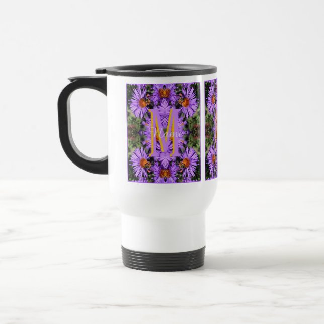 Custom Monogram Initial Name Honeybee Aster Art Travel Mug (Left)