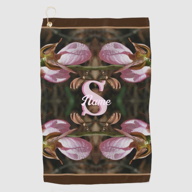 Custom Monogram Initial Name Lady Slipper Flowers Golf Towel (Front)