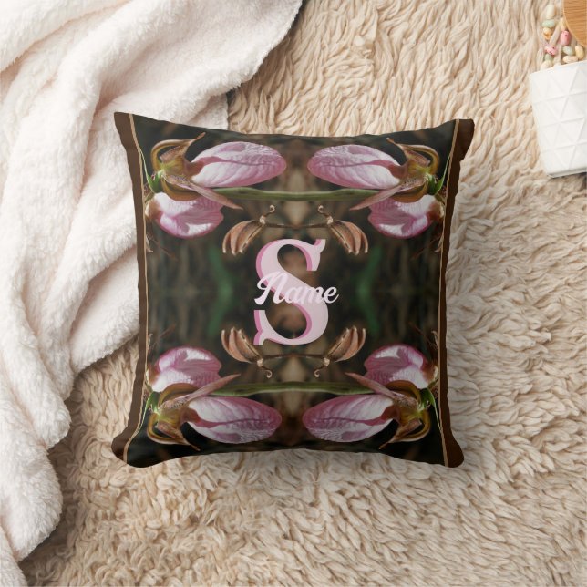 Custom Monogram Initial Name Lady Slipper Flowers Throw Pillow (Blanket)